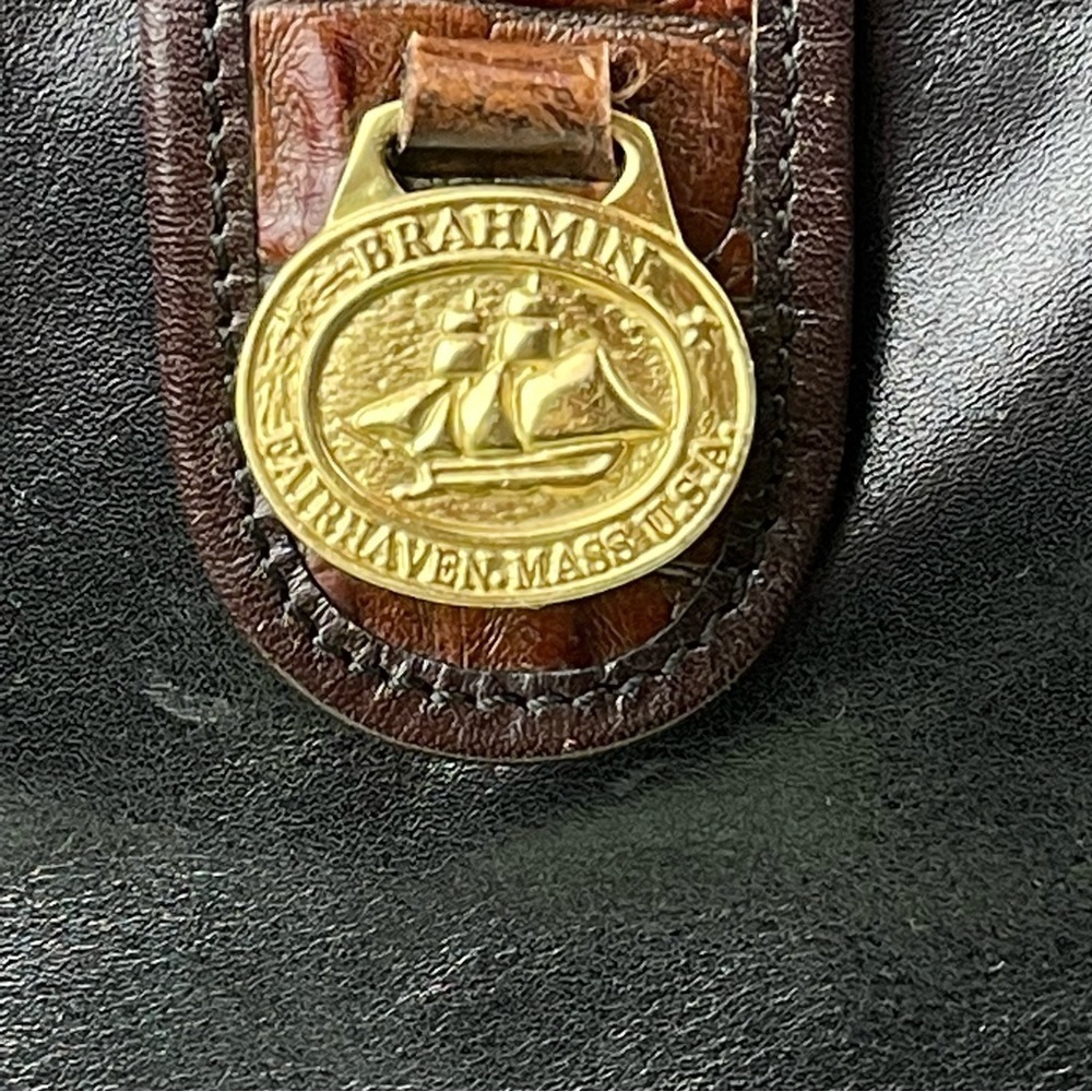 Brahmin Black Leather Tote Bag Brown Croc Embossed Handle Satchel Gold Hardware - Picture 9 of 14